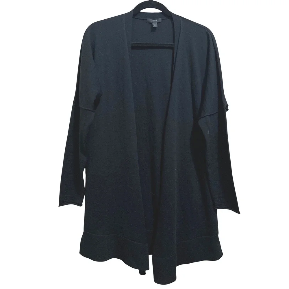 J.Crew Black 100% Merino Wool Open Front Longline Cardigan Sweater J0188 Medium
